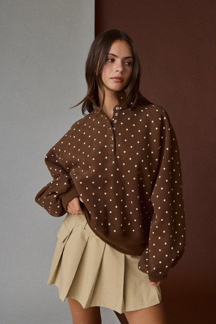 Brown Polka Dot Button Up Pullover