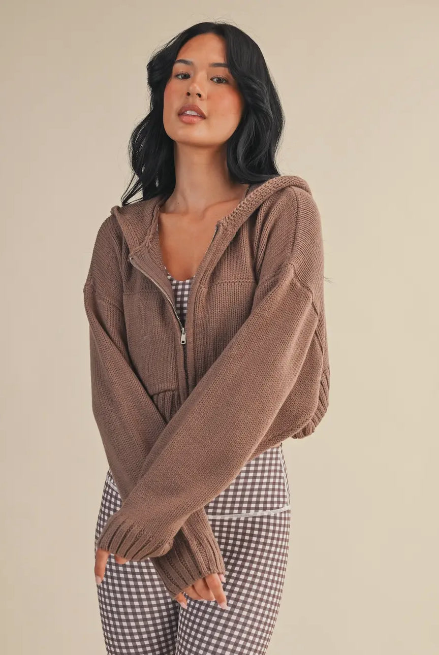 Brown Cropped Sweater Zip Up Hoodie