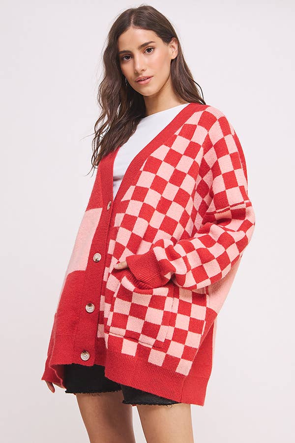 Checkered Oversized Cardigan: Red/Pink