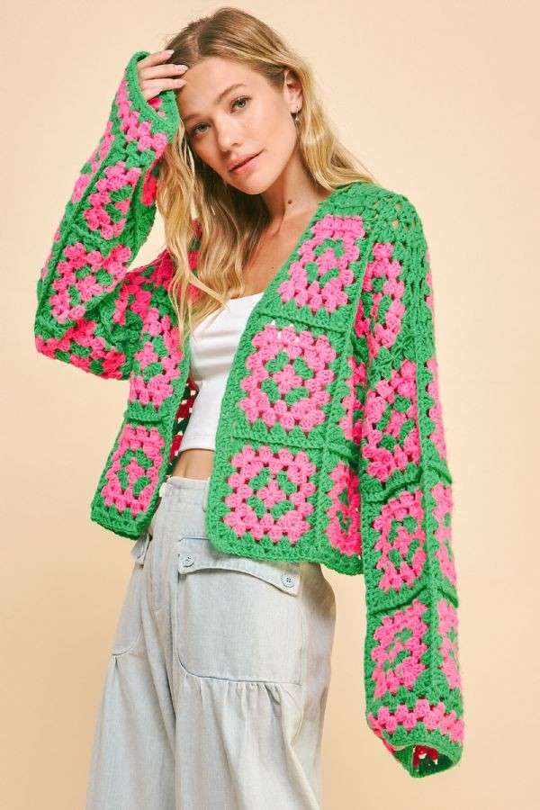 Two Tone Crochet Cardigan | Pink/Green