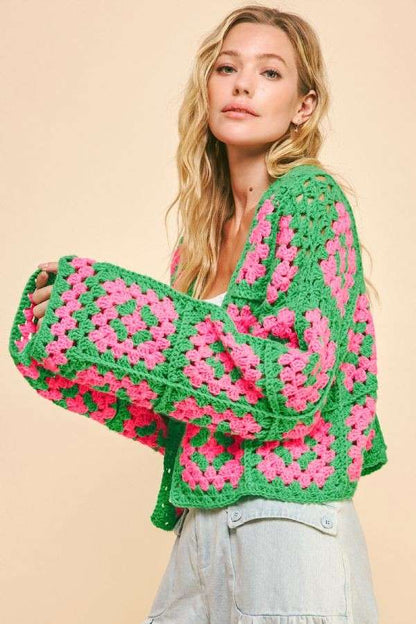 Two Tone Crochet Cardigan | Pink/Green