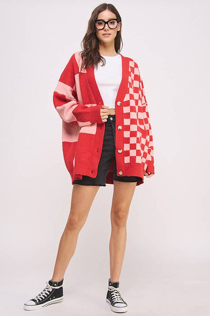 Checkered Oversized Cardigan: Red/Pink