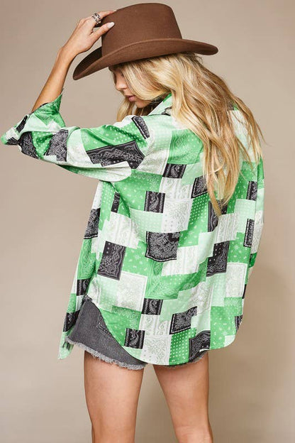 Green Paisley Patchwork Satin Shirt