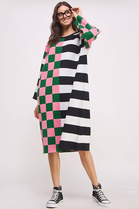 Oversized Sweater Dress | Checker/Stripe