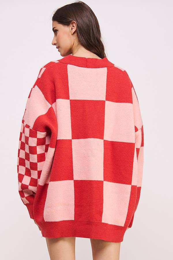 Checkered Oversized Cardigan: Red/Pink