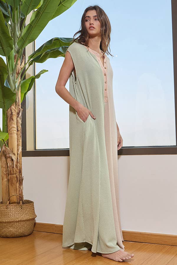 Wide Leg Jumpsuit: Celery/Oatmeal