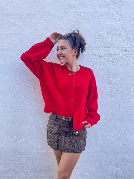 Red Knit Button Up Sweater