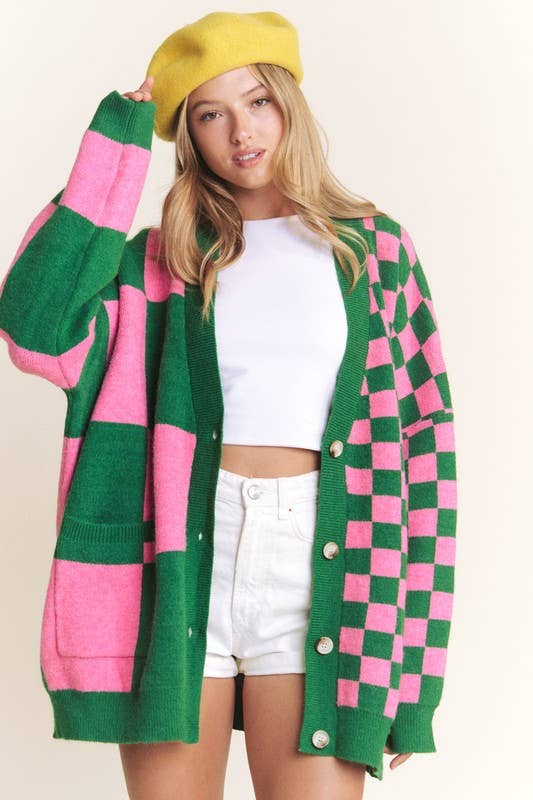 Oversized Checkered Cardigan | Green/Pink