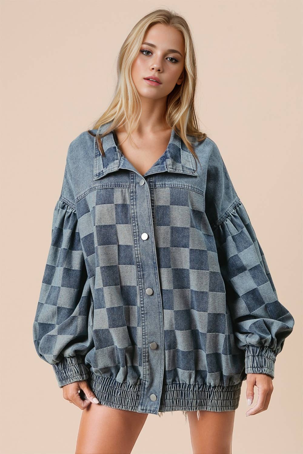 Checkered Button Up Denim Jacket