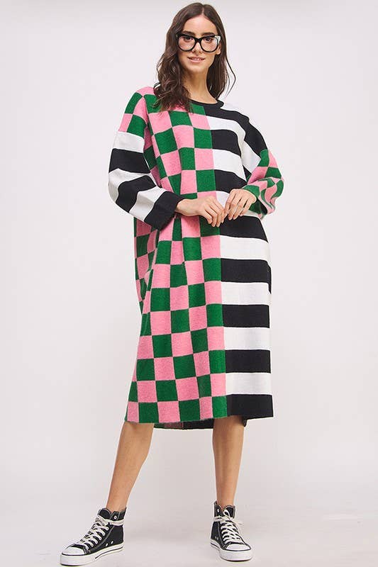 Oversized Sweater Dress | Checker/Stripe