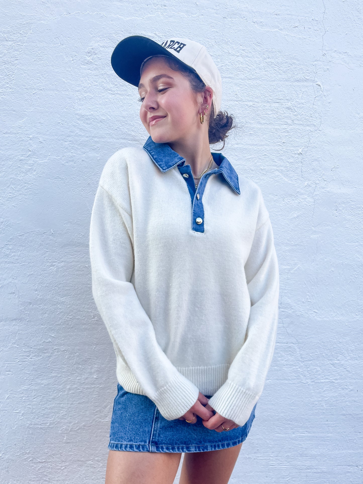 Denim Collar Button Knit Pullover