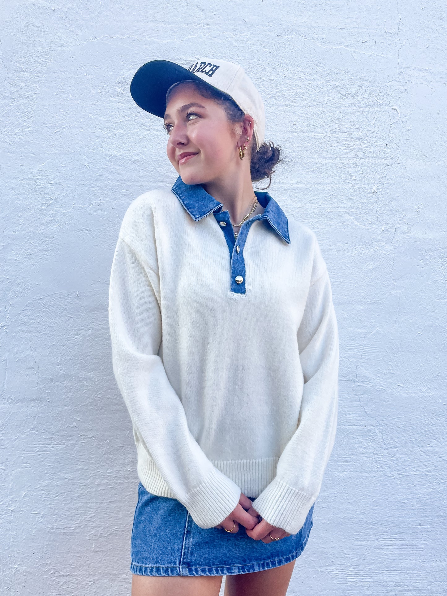 Denim Collar Button Knit Pullover