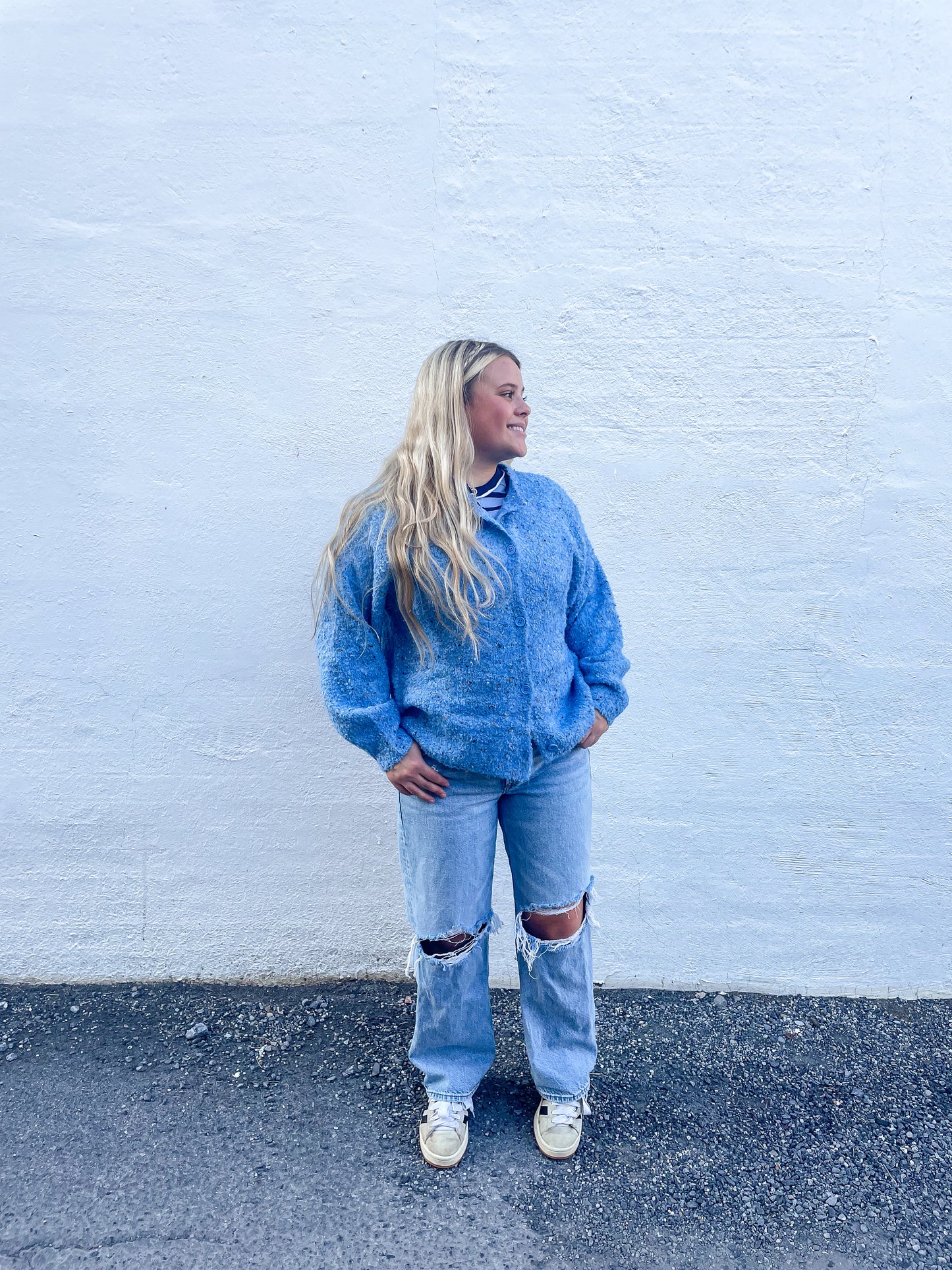 Blue Knit Button Up Sweater