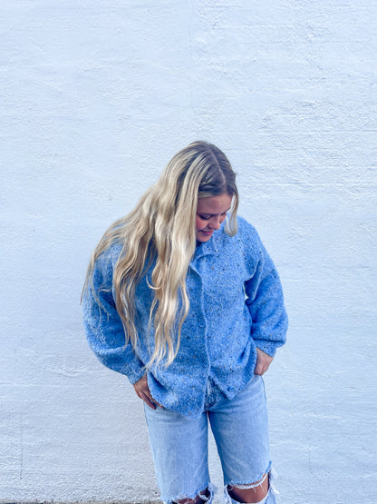 Blue Knit Button Up Sweater