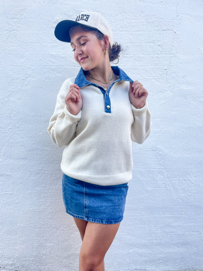 Denim Collar Button Knit Pullover