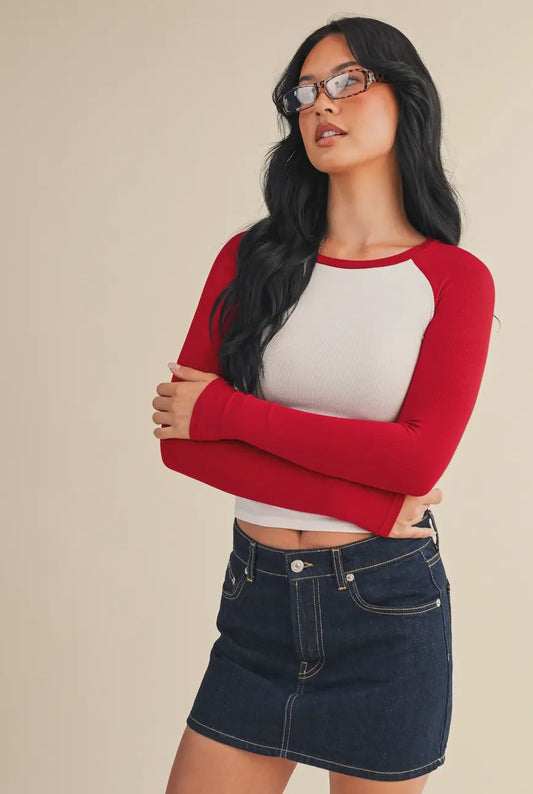 Red Raglan Long Sleeve Fitted Tee