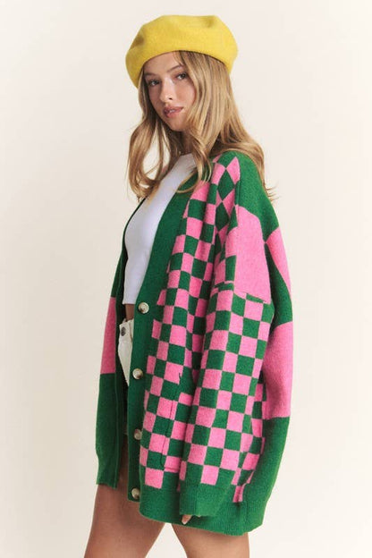 Oversized Checkered Cardigan | Green/Pink