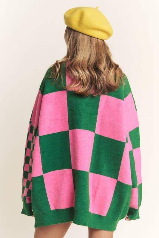 Oversized Checkered Cardigan | Green/Pink