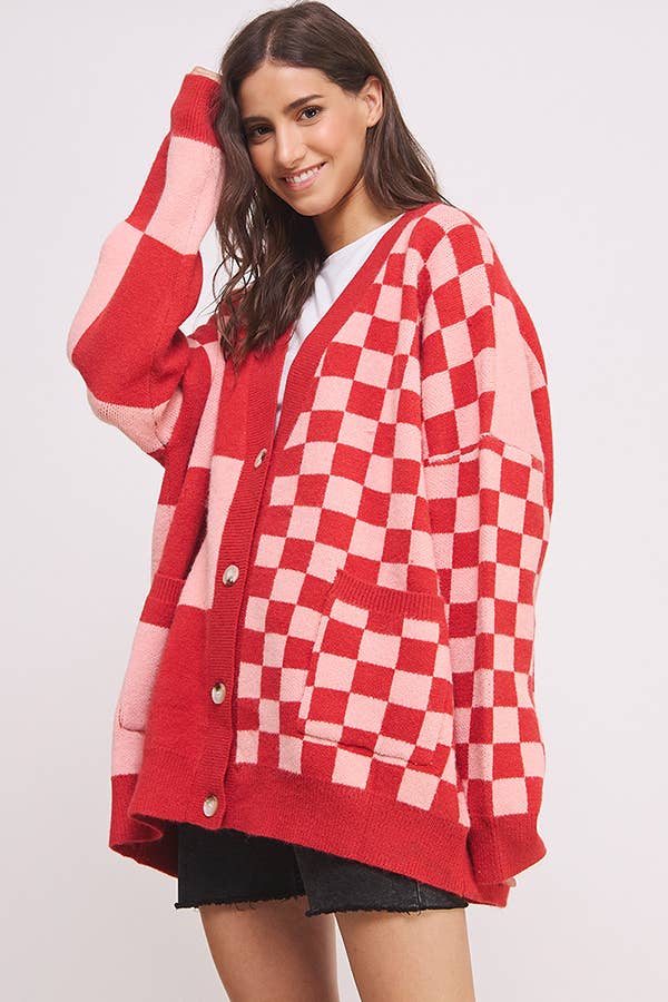 Checkered Oversized Cardigan: Red/Pink