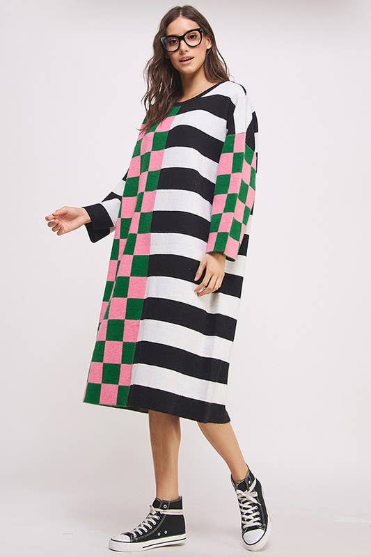 Oversized Sweater Dress | Checker/Stripe