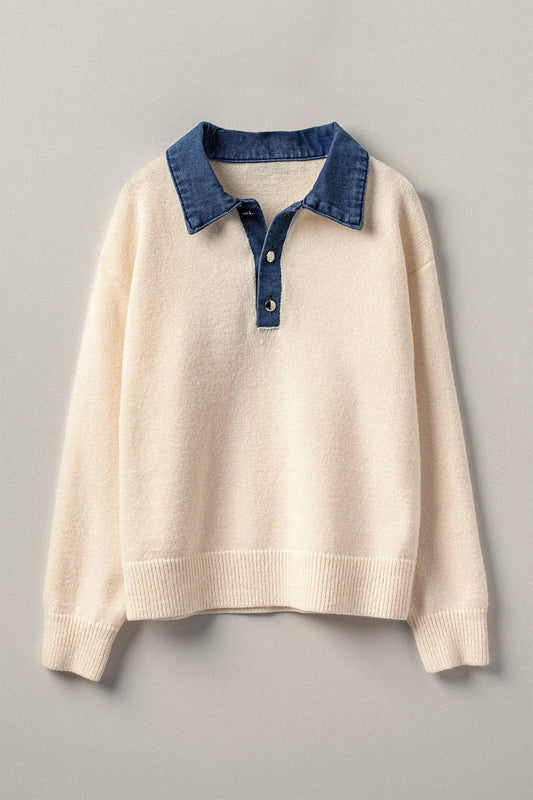 Denim Collar Button Knit Pullover
